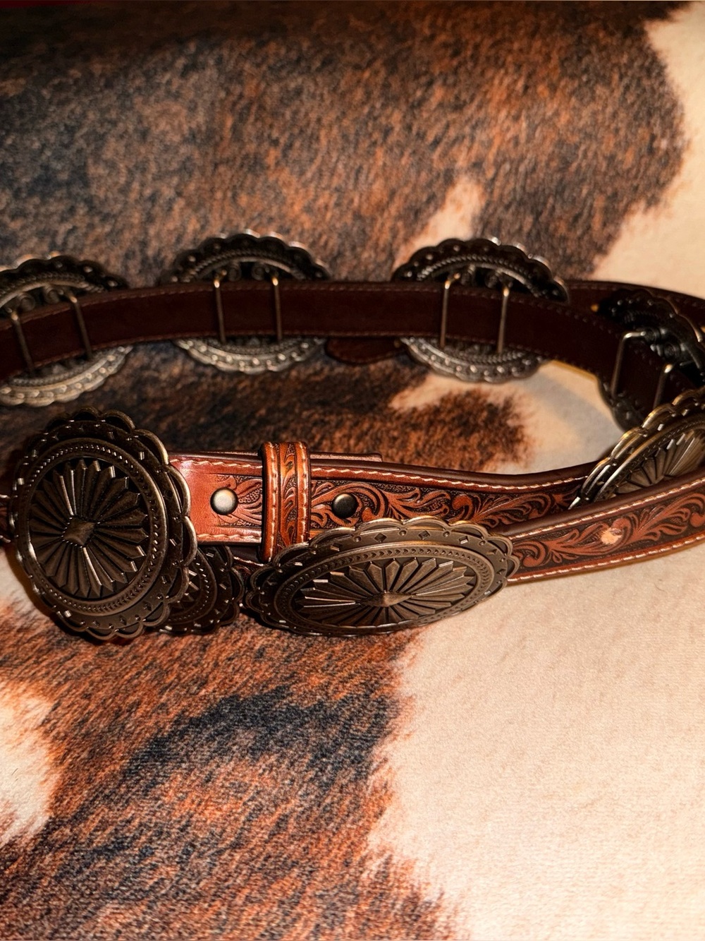 Ariat Tooled Leather Concho Belt - Brown with Antique Silver Conchos